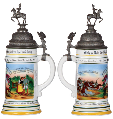 Regimental stein, .5L, 11.8'' ht., porcelain, 4. Esc., Jäger Regt. zu Pferde, Posen, 1902 - 1905, two side scenes, roster, eagle thumblift, named to: Res. Freitag, very good repair of pewter finial attachment, otherwise mint. - 2