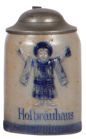 Stoneware stein, .25L, 4.5'' ht., relief, marked H.R., Hauber & Reuther, Hofbräuhaus, pewter lid, mint.