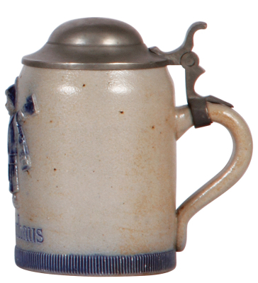 Stoneware stein, .25L, 4.5'' ht., relief, marked H.R., Hauber & Reuther, Hofbräuhaus, pewter lid, mint. - 2