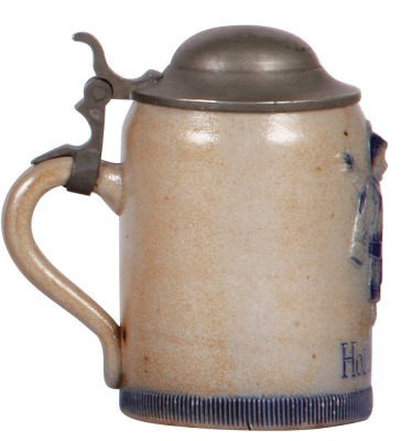 Stoneware stein, .25L, 4.5'' ht., relief, marked H.R., Hauber & Reuther, Hofbräuhaus, pewter lid, mint. - 3