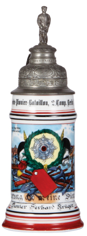 Regimental stein, .5L, 11.2'' ht., porcelain, 2. Comp., Garde Pionier Bataillon, Berlin, 1903 - 1905, two side scenes, roster, eagle thumblift, named to: Pionier Gerhard Krüger, faint lithophane lines.