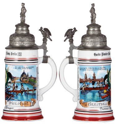 Regimental stein, .5L, 11.2'' ht., porcelain, 2. Comp., Garde Pionier Bataillon, Berlin, 1903 - 1905, two side scenes, roster, eagle thumblift, named to: Pionier Gerhard Krüger, faint lithophane lines. - 2