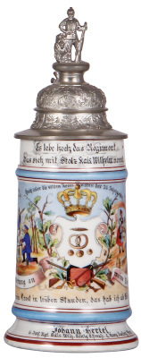 Regimental stein, .5L, 10.0'' ht., porcelain, 8. Comp., bayr. Inft. Regt. Nr. 6, Amberg, 1899 - 1901, Bäcker, two side scenes, lion thumblift, named to: Johann Hertel, lithophane repaired.