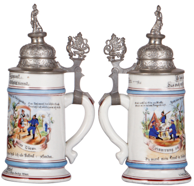 Regimental stein, .5L, 10.0'' ht., porcelain, 8. Comp., bayr. Inft. Regt. Nr. 6, Amberg, 1899 - 1901, Bäcker, two side scenes, lion thumblift, named to: Johann Hertel, lithophane repaired. - 2