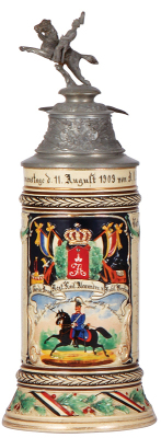 Regimental stein, .5L, 11.5'' ht., pottery, 2. Garde Dragoner Regt., Berlin, 1909, two side scenes, eagle thumblift, named to: Wilhelm [from father], mint.