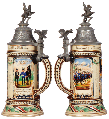 Regimental stein, .5L, 11.5'' ht., pottery, 2. Garde Dragoner Regt., Berlin, 1909, two side scenes, eagle thumblift, named to: Wilhelm [from father], mint. - 2