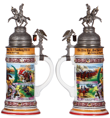 Regimental stein, .5L, 12.8'' ht., porcelain, 3. Esk., Ulanen Regt. Nr. 11, Saarburg, 1911 - 1914, four side scenes, roster, eagle thumblift, named to: Reservist Gefrt. Werner, mint. - 2