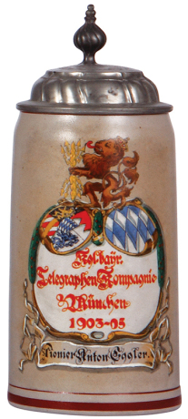 Regimental stein, 1.0L, stoneware, Kgl. bayr. Telegraphen Komp., München, 1903 - 1905, named to: Pionier Anton Eggter, pewter lid with telegraph arrows, mint.