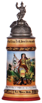 Regimental stein, .5L, 11.4'' ht., porcelain, 8. Comp., Inft. Regt. Nr. 175, Graudenz, 1904 - 1906, two side scenes, eagle thumblift, named to: Res. Horn. Witte, rare unit, very good pewter tear & strap repair, body mint. - 3