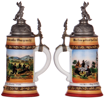 Regimental stein, .5L, 11.4'' ht., porcelain, 8. Comp., Inft. Regt. Nr. 175, Graudenz, 1904 - 1906, two side scenes, eagle thumblift, named to: Res. Horn. Witte, rare unit, very good pewter tear & strap repair, body mint. - 4