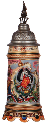 Regimental stein, .5L, 11.8'' ht., pottery, 4. Telegraph Btl., Bespan. Abth., Karlsruhe, 1909 - 1911, no side scenes, roster, eagle thumblift, named to: Res. Haase, replaced finial, very good pewter tear repair, otherwise mint. - 3