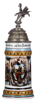 Regimental stein, .5L, 11.9'' ht., porcelain, 2. Esk., Husar Regt. Nr. 9, 1898 - 1901, two side scenes, roster, eagle thumblift, named to: Reserv. Ströher, faint lithophane lines, finial rider is a new replacement. - 3