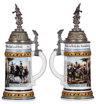 Regimental stein, .5L, 11.9'' ht., porcelain, 2. Esk., Husar Regt. Nr. 9, 1898 - 1901, two side scenes, roster, eagle thumblift, named to: Reserv. Ströher, faint lithophane lines, finial rider is a new replacement. - 4