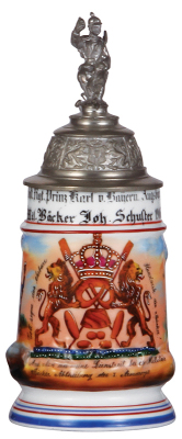 Regimental stein, .5L, 9.9'' ht., porcelain, 10. Comp., 3. bayr. Inft. Regt., Augsburg, Bäcker Abteilung des I. Armeekorps, 1906 - 1908, two side scenes, roster, lion thumblift, named to: Mil. Bäcker Joh. Schuster, mint. - 3