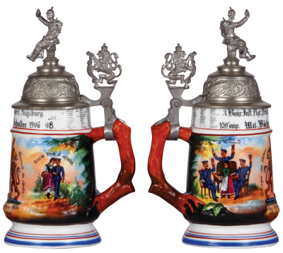 Regimental stein, .5L, 9.9'' ht., porcelain, 10. Comp., 3. bayr. Inft. Regt., Augsburg, Bäcker Abteilung des I. Armeekorps, 1906 - 1908, two side scenes, roster, lion thumblift, named to: Mil. Bäcker Joh. Schuster, mint. - 4