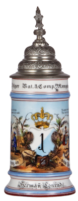 Regimental stein, .5L, 10.2'' ht., porcelain, 3. Comp., Bayr. 1. Jäger, Kempten, 1894 - 1896, two side scenes, roster, wreath thumblift, named to: Hermann Conrad, heavy lithophane lines. - 3