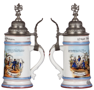 Regimental stein, .5L, 10.2'' ht., porcelain, 3. Comp., Bayr. 1. Jäger, Kempten, 1894 - 1896, two side scenes, roster, wreath thumblift, named to: Hermann Conrad, heavy lithophane lines. - 4