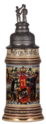 Regimental stein, .5L, 11.3'' ht., pottery, 1. Komp., Inft. Regt. Nr. 71, Sondershausen, Berlin, 1909 - 1911, four side scenes, eagle thumblift, named to: Reserv. Kufeld, excellent pewter strap repair, small base chip repaired. - 3