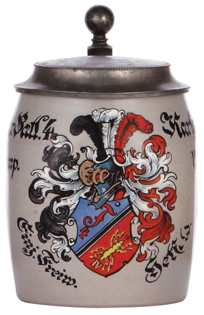 Regimental stein, .5L, 5.8'' ht., stoneware, 2. Komp., Telegraph Batl. Nr. 4, Karlsruhe, 1911 - 1913, roster, ball thumblift, named to: Einj. Freiw. Ketfeld, slight roster wear, otherwise mint.