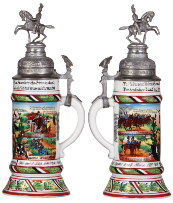 Regimental stein, .5L, 13.2'' ht., porcelain, 1. Esk., Drag. Regt. Nr. 13, Metz, 1911 - 1914, four side scenes, roster, eagle thumblift, named to: Resv. Kaerger, very small pewter repair, body mint. - 2