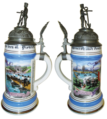 Regimental stein, .5L, 10.9'' ht., porcelain, 2. Comp., Pionier Batl. Nr. 7, Köln - Deutz, 1900 - 1902, two side scenes, roster, eagle thumblift, named to: Res. Gfr. Schöpp, very good finial repair, body mint. - 2