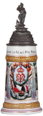 Regimental stein, .5L, 11.2'' ht., porcelain, 4. Comp., Inft. Regt. Nr. 117, Mainz, 1896 - 1898, two side scenes, roster, lion thumblift, named to: Musk. Deibert, slight word wear, otherwise mint.