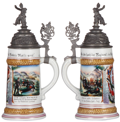 Regimental stein, .5L, 11.2'' ht., porcelain, 4. Comp., Inft. Regt. Nr. 117, Mainz, 1896 - 1898, two side scenes, roster, lion thumblift, named to: Musk. Deibert, slight word wear, otherwise mint. - 2