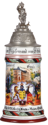 Regimental stein, 5.L, 10.9" ht., porcelain, 3. Comp., Inft. Regt. Nr. 126, Strassburg i. E., 1902 - 1904, two side scenes, roster, Württemberg thumblift, named to: Reservist Gauss, factory 1" shallow chip on rear of base, otherwise mint.