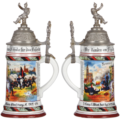 Regimental stein, 5.L, 10.9" ht., porcelain, 3. Comp., Inft. Regt. Nr. 126, Strassburg i. E., 1902 - 1904, two side scenes, roster, Württemberg thumblift, named to: Reservist Gauss, factory 1" shallow chip on rear of base, otherwise mint. - 2