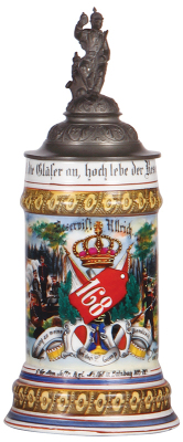 Regimental stein, .5L, 10.8'' ht., porcelain, L. Comp., Inftr. Rgt. No. 168, Butzbach, 1899 - 1901, two side scenes, roster, lion thumblift, named to: Reservist Ullrich, mint.