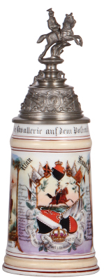 Regimental stein, .5L, 10.9" ht., porcelain, 4. Esk., Ulanen Regt. Nr. 19, Ulm, 1894 - 1897, two side scenes, roster, Württemberg thumblift, named to: Ulan Handerer, mint.