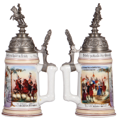 Regimental stein, .5L, 10.9" ht., porcelain, 4. Esk., Ulanen Regt. Nr. 19, Ulm, 1894 - 1897, two side scenes, roster, Württemberg thumblift, named to: Ulan Handerer, mint. - 2