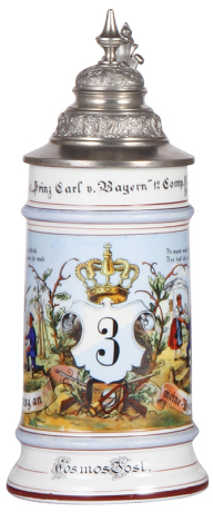 Regimental stein, .5L, 9.5'' ht., porcelain, 12. Comp., bayr. Inft. Regt. Nr. 3, Augsburg, 1897 - 1899, two side scenes, lion thumblift, named to: Cosmos Jost, mint.