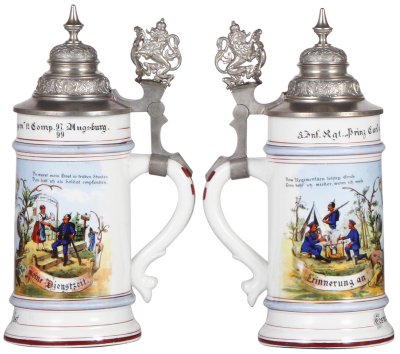 Regimental stein, .5L, 9.5'' ht., porcelain, 12. Comp., bayr. Inft. Regt. Nr. 3, Augsburg, 1897 - 1899, two side scenes, lion thumblift, named to: Cosmos Jost, mint. - 2