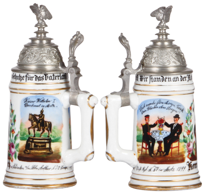 Regimental stein, .5L, 9.8'' ht., porcelain, 2. Comp., Inft. Rgt. No. 67., Metz, 1899, two side scenes, floral thumblift, named to: Konrad Gertenbach, mint. - 2