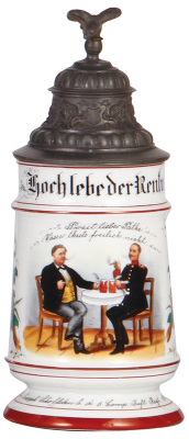 Regimental stein, 5.L, 9.0'' ht., porcelain, 5. Comp., Inft. Regt. Nr. 171, Bitsch, 1897, no side scenes, floral thumblift, Hoch lebe der Rentner, named to: Joseph Schoffelen, mint.