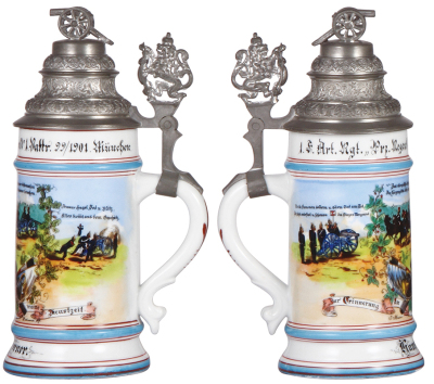 Regimental stein, .5L, 9.6'' ht., porcelain, 1. Battr., 1. F. Art. Rgt. München, 1899 - 1901, two side scenes, lion thumblift, named to: Hans Dörner, mint. - 2