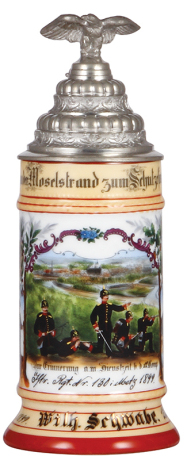 Regimental stein, 5.L, 9.5'' ht., porcelain, 12. Comp., Inft. Regt. Nr. 130, Metz, 1899, four side scenes, floral thumblift, Wilh. Schwabe, mint.