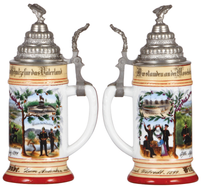 Regimental stein, 5.L, 9.5'' ht., porcelain, 12. Comp., Inft. Regt. Nr. 130, Metz, 1899, four side scenes, floral thumblift, Wilh. Schwabe, mint. - 2