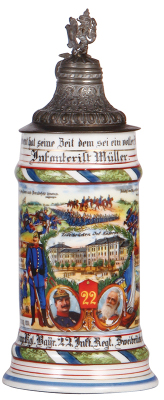 Regimental stein, .5L, 10.6'' ht., porcelain, 7. Comp., bayr. Inft. Regt. 22, Zweibrücken, 1908 - 1910, four side scenes, roster, child thumblift, named to: Infanterist Müller, pewter lid is old replacement, body mint.