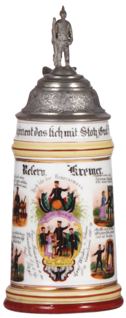 Regimental stein, 5.L, 9.8'' ht., porcelain, 5. Comp., Inft. Regt. Nr. 30, Saarlouis, 1897 - 1899, four side scenes, roster, eagle thumblift, named to: Reserv. Kremer, mint.