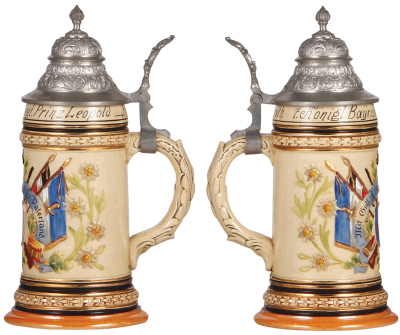 Regimental stein, .5L, 9.9'' ht., pottery, 8. Comp., 7. Bayreuth, 1903, one large scene, floral thumblift, no name, mint. - 2