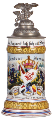 Regimental stein, .5L, 10.0'' ht., porcelain, 9. comp., Grenad. Regt. No. 109, Karlsruhe, no date, two side scenes, roster, griffin thumblift, named to: Tambour Bernauer, mint