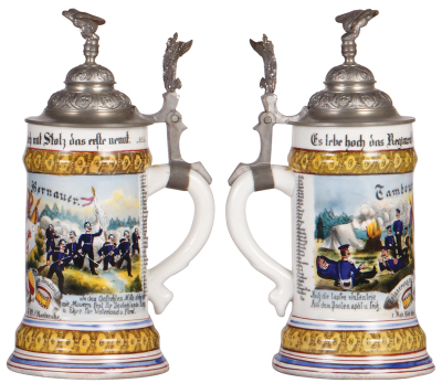 Regimental stein, .5L, 10.0'' ht., porcelain, 9. comp., Grenad. Regt. No. 109, Karlsruhe, no date, two side scenes, roster, griffin thumblift, named to: Tambour Bernauer, mint - 2
