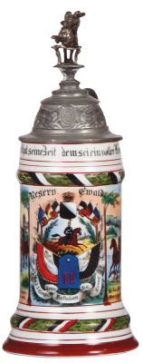 Regimental stein, .5L, 11.3'' ht., porcelain, 3. Comp, Train Battalion Nr. 11, Cassel, 1906 - 1908, two side scenes, roster, eagle thumblift, named to: Resrv. Ewald, lithophane lines, faded roster, finial & strap repaired, new rider.