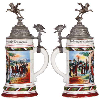 Regimental stein, .5L, 11.3'' ht., porcelain, 3. Comp, Train Battalion Nr. 11, Cassel, 1906 - 1908, two side scenes, roster, eagle thumblift, named to: Resrv. Ewald, lithophane lines, faded roster, finial & strap repaired, new rider. - 2