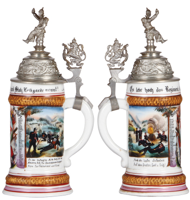 Two Regimental steins, .5L, porcelain, 11.2'' ht., 6. Comp., Inft. Regt. Nr. 115, Darmstadt, two side scenes, roster, lion thumblift, named to: Gefreiter Walther, mint; with, .5L, porcelain, 8.7'' ht., 3. Komp., 2. Train Batl., Germersheim, 1894, cupid th - 2