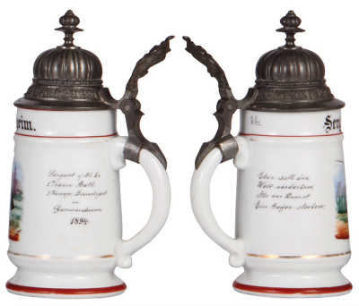 Two Regimental steins, .5L, porcelain, 11.2'' ht., 6. Comp., Inft. Regt. Nr. 115, Darmstadt, two side scenes, roster, lion thumblift, named to: Gefreiter Walther, mint; with, .5L, porcelain, 8.7'' ht., 3. Komp., 2. Train Batl., Germersheim, 1894, cupid th - 3