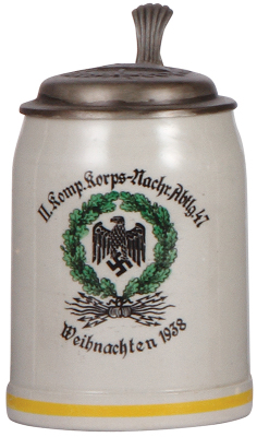 Third Reich stein, .5L, stoneware, II. Komp., Korps-Nachr. Abtlg. 47, 1938, correct new pewter lid with relief helmet with swastika, mint.