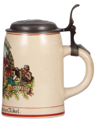 Third Reich stein, .5L, pottery, 6. [E.] Kp., I.R. 63, Ingolstadt, owner's name, correct new pewter lid with relief helmet with swastika, body mint. - 2